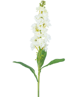 Artificial Flower Violier 78 cm hvid har en lang stilk med hvide blomster i bundter øverst og lange grønne blade, mod en almindelig hvid baggrund.
