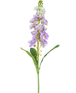 En enkelt Artificial Violier blomst 78 cm i lys lilla og hvid med grønne blade, mod en hvid baggrund.