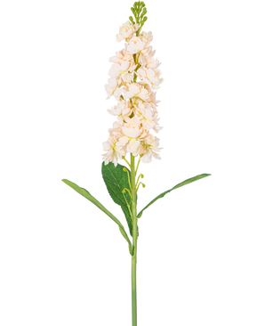 En enkelt Artificial Flower Violier 78 cm creme har flere lyse cremeblomster og grønne blade mod en almindelig hvid baggrund.