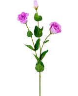 Artificial Eustoma Real Touch Pink 72cm har en enkelt grøn stilk med tre lyslilla kunstige roser i forskellige blomstringsstadier og forskellige grønne blade, afbildet på en hvid baggrund.