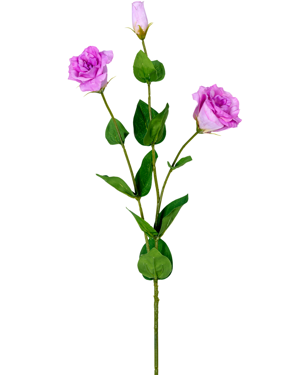 Artificial Eustoma Real Touch Pink 72cm har en enkelt grøn stilk med tre lyslilla kunstige roser i forskellige blomstringsstadier og forskellige grønne blade, afbildet på en hvid baggrund.