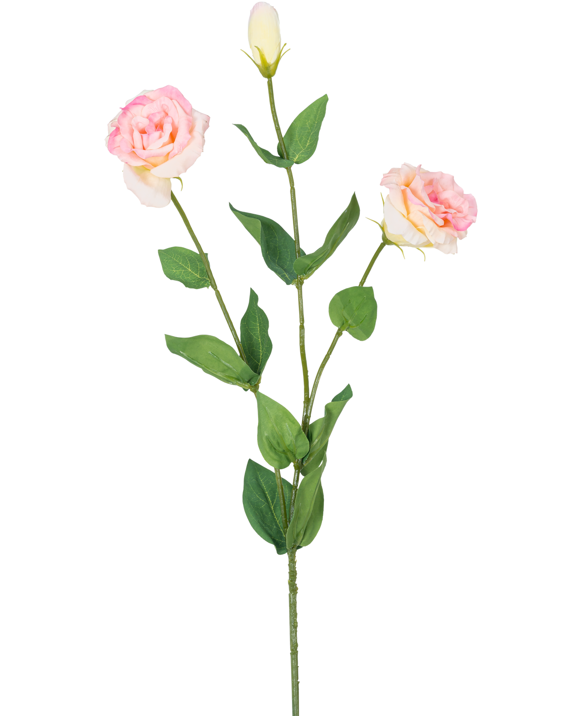 Artificial Eustoma Real Touch Light Pink 72cm har en enkelt grøn stilk med to blomstrende lyserøde blomster og en lukket knop, omgivet af grønne blade, mod en almindelig hvid baggrund.
