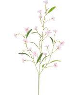 Den kunstige blomst Alstroemeria Real Touch Pink 100 cm har en enkelt stilk med flere slanke grene, grønne blade og små lyserøde fembladede blomster spredt langs stilken - alt sammen mod en hvid baggrund.