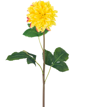 Artificial Flower Dahlia Real Touch Yellow 73 cm er en enkelt gul dahlia med runde kronblade og røde accenter, med en lang grøn stilk og et antal store grønne blade, mod en hvid baggrund.