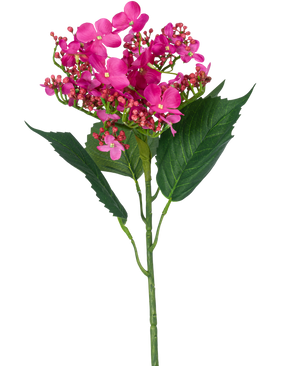 En enkelt Artificial Flower Butterfly Hortensia, 72 cm høj med lyse lyserøde kunstige blomster og grønne blade, mod en hvid baggrund.