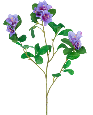 Den kunstige blomst Rhododendron Azalea 73 cm lilla har en stilk med grønne blade og tre bundter lilla blomster med gule og hvide detaljer, isoleret på en hvid baggrund.