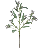 Den kunstige gren Eucalyptus bær 78 cm grå har en enkelt grøn gren med lange, smalle blade og bundter af små, grålige knopper, afbildet på en hvid baggrund.