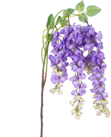 En kunstig blomst Wisteria 115 cm lilla med lilla blåregn blomster og grønne blade mod en hvid baggrund.