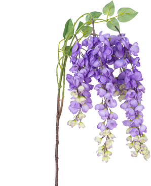 En kunstig blomst Wisteria 115 cm lilla med lilla blåregn blomster og grønne blade mod en hvid baggrund.