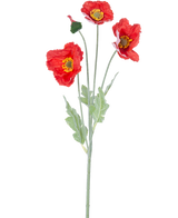 Artificial Flower Poppy Real Touch rød 60 cm har en enkelt stilk med tre levende røde valmueblomster, en lukket knop og grønne blade, mod en almindelig hvid baggrund.