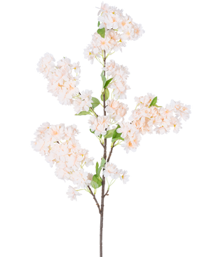 En enkelt kunstig kirsebærblomst 100 cm hvid/lyserød gren med bundter af lyserøde og hvide kirsebærblomster med grønne blade, isoleret på en hvid baggrund.