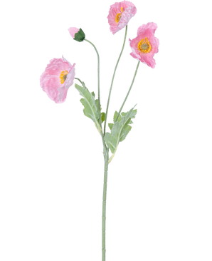Kunstig blomstervalmue Real Touch Pink 60 cm: En naturtro lyserød valmue med tre åbne blomster og en lukket knop på grønne stængler og lysegrønne blade, afbildet på en hvid baggrund.