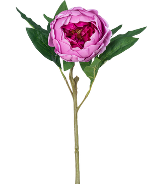The Artificial Flower Lotus Peony Real Touch i lilla, 58 cm lang, har lagdelte kronblade, grønne blade og en lang stilk. Afbildet mod en almindelig hvid baggrund.