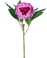 The Artificial Flower Lotus Peony Real Touch i lilla, 58 cm lang, har lagdelte kronblade, grønne blade og en lang stilk. Afbildet mod en almindelig hvid baggrund.