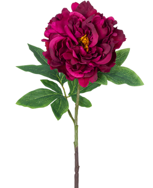 Artificial Flower Peony 61 cm lilla er en enkelt kunstig pæon med lagdelte mørkelilla kronblade, et gult hjerte, grønne blade og en lang stilk, afbildet mod en almindelig hvid baggrund.