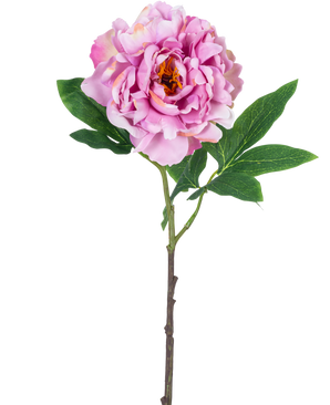 En enkelt kunstig blomsterpæon 61 cm lys pink, med lys pink kronblade og grønne blade på en lang stilk, fotograferet mod en almindelig hvid baggrund.