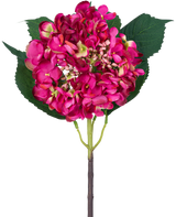 En enkelt kunstig blomsterhavehortensia 61 cm pink hortensiablomst og tre store grønne blade mod en hvid baggrund.