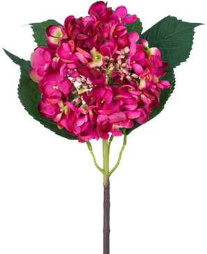 En enkelt kunstig blomsterhavehortensia 61 cm pink hortensiablomst og tre store grønne blade mod en hvid baggrund.