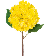 Artificial Flower Hydrangea Real Touch gul 58 cm har en enkelt gul hortensia med lagdelte kronblade, to store grønne blade og en brun stilk, mod en almindelig hvid baggrund.