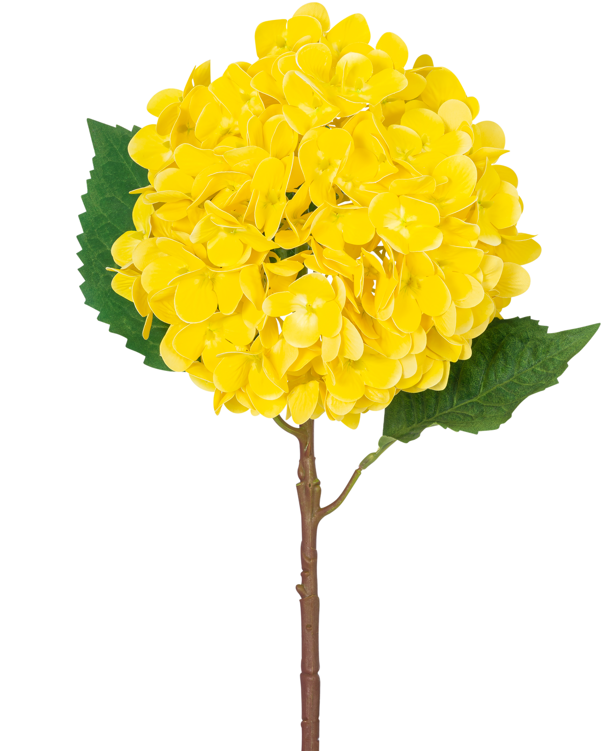 Artificial Flower Hydrangea Real Touch gul 58 cm har en enkelt gul hortensia med lagdelte kronblade, to store grønne blade og en brun stilk, mod en almindelig hvid baggrund.
