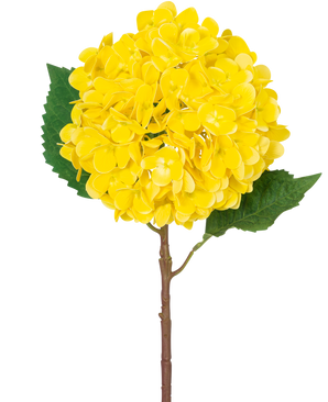 Artificial Flower Hydrangea Real Touch gul 58 cm har en enkelt gul hortensia med lagdelte kronblade, to store grønne blade og en brun stilk, mod en almindelig hvid baggrund.
