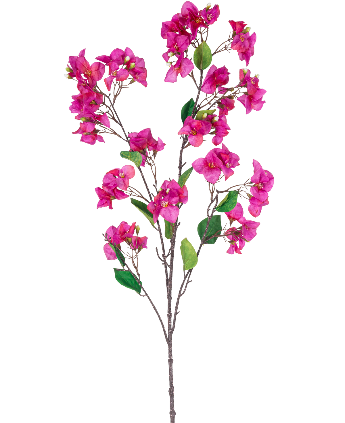 En kunstig blomst Bougainvillea 120 cm lilla gren med flere bundter af levende lilla blomster og grønne blade mod en hvid baggrund.
