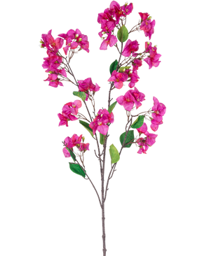 En kunstig blomst Bougainvillea 120 cm lilla gren med flere bundter af levende lilla blomster og grønne blade mod en hvid baggrund.