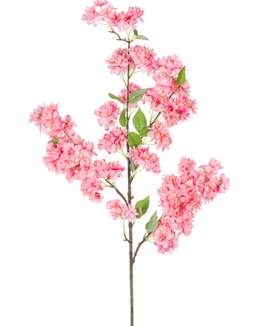 Artificial Cherry Blossom 100 cm pink er en enkelt kunstig kirsebærblomstgren med bundter af lyse lyserøde blomster og grønne blade, perfekt til dekorativ brug.