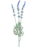 En botanisk illustration af kunstig gren lavendel 66 cm blå viser tre lange, tynde stængler med klaser af små blå blomster og aflange grønne blade mod en hvid baggrund.