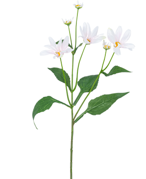 Artificial Flower Madelief 76 cm hvid har en enkelt grøn stilk med flere store blade og fem tusindfrydlignende hvide blomster med et gult hjerte, mod en almindelig hvid baggrund.
