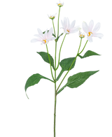 Artificial Flower Madelief 76 cm hvid har en enkelt grøn stilk med flere store blade og fem tusindfrydlignende hvide blomster med et gult hjerte, mod en almindelig hvid baggrund.