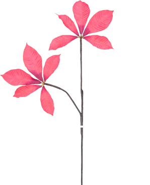 En digital illustration af Kunsttak Chestnut Leaf 63 cm rød viser to lange, tynde stængler med klynger af fem lyserøde blade, mod en almindelig hvid baggrund.