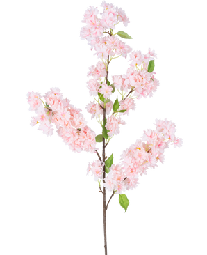 Artificial Cherry Blossom 100 cm pink har en lang brun stilk, bundter af lys pink kirsebærblomster og grønne blade mod en hvid baggrund.