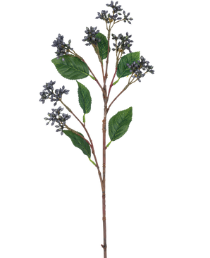 Kunsttak Japanese Berry 63 cm har klynger af små stålblå bær og enkelte grønne blade på tynde brune stængler mod en almindelig hvid baggrund.