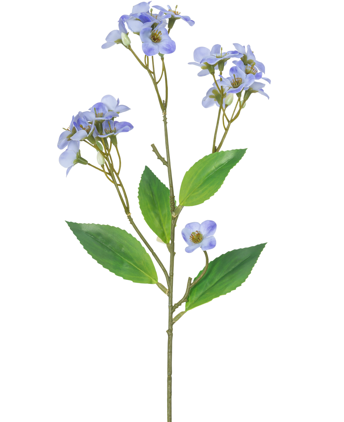 En Artificial Flower Orchid Real Touch Purple 50 cm har en enkelt grøn stilk med flere grene, hver dekoreret med bundter af små, lyse lilla orkidéblomster og grønne blade, mod en hvid baggrund.