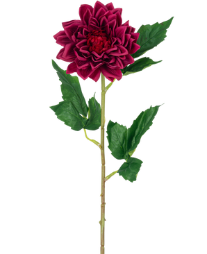 Artificial Flower Dahlia Real Touch mørkerød 54 cm har en enkelt dybrød dahliablomst med grønne blade på en stilk, isoleret mod en hvid baggrund.