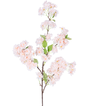 En enkelt Artificial Cherry Blossom 100 cm lys pink har bundter af lys pink kirsebærblomster med grønne blade på en hvid baggrund.