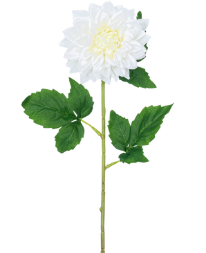Artificial Flower Dahlia Real Touch hvid 54 cm har en enkelt hvid dahlia stilk med et gult hjerte og grønne blade, mod en almindelig hvid baggrund.