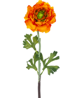 The Artificial Flower Ranunculus 51 cm orange er en kunstig orange ranunculus-blomst med lagdelte kronblade og grønne blade på en lang stilk, perfekt som en dekorativ accent.
