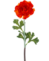 Den kunstige blomst Ranunculus 51 cm mørk orange har en levende mørk orange kunstig ranunculus blomst med lagdelte kronblade og grønne, fligede blade på en lang stilk, mod en almindelig hvid baggrund.