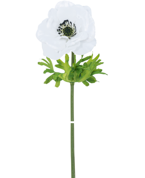 Artificial Flower Anemone Real Touch White 52 cm har en enkelt hvid blomst med sarte kronblade, et mørkt hjerte og grønne blade på en lang, lige stilk, mod en almindelig hvid baggrund.
