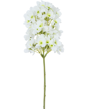 Artificial Flower Snowball Real Touch White 58 cm har en enkelt stilk med bundter af små hvide blomster og lysegrønne hjerter, mod en almindelig hvid baggrund.