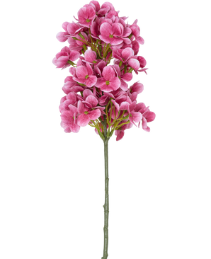 En enkelt stilk af Artificial Flower Snowball Real Touch Pink 58 cm, med bundter af lys pink kunstige hortensia-lignende blomster med et grønt hjerte, isoleret på en hvid baggrund.