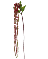 Den Kunstige Blomst Amaranthus 122 cm vinrød har en enkelt kunstig amarantstængel med grønne blade og lange klaser af små, vinrøde blomster mod en hvid baggrund.