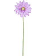 Artificial Flower mini Gerbera 47 cm lilla har en enkelt lys lilla tusindfryd-lignende blomst med lagdelte kronblade og en gul midte på en lang, slank grøn stilk, perfekt til udstilling mod en hvid baggrund.