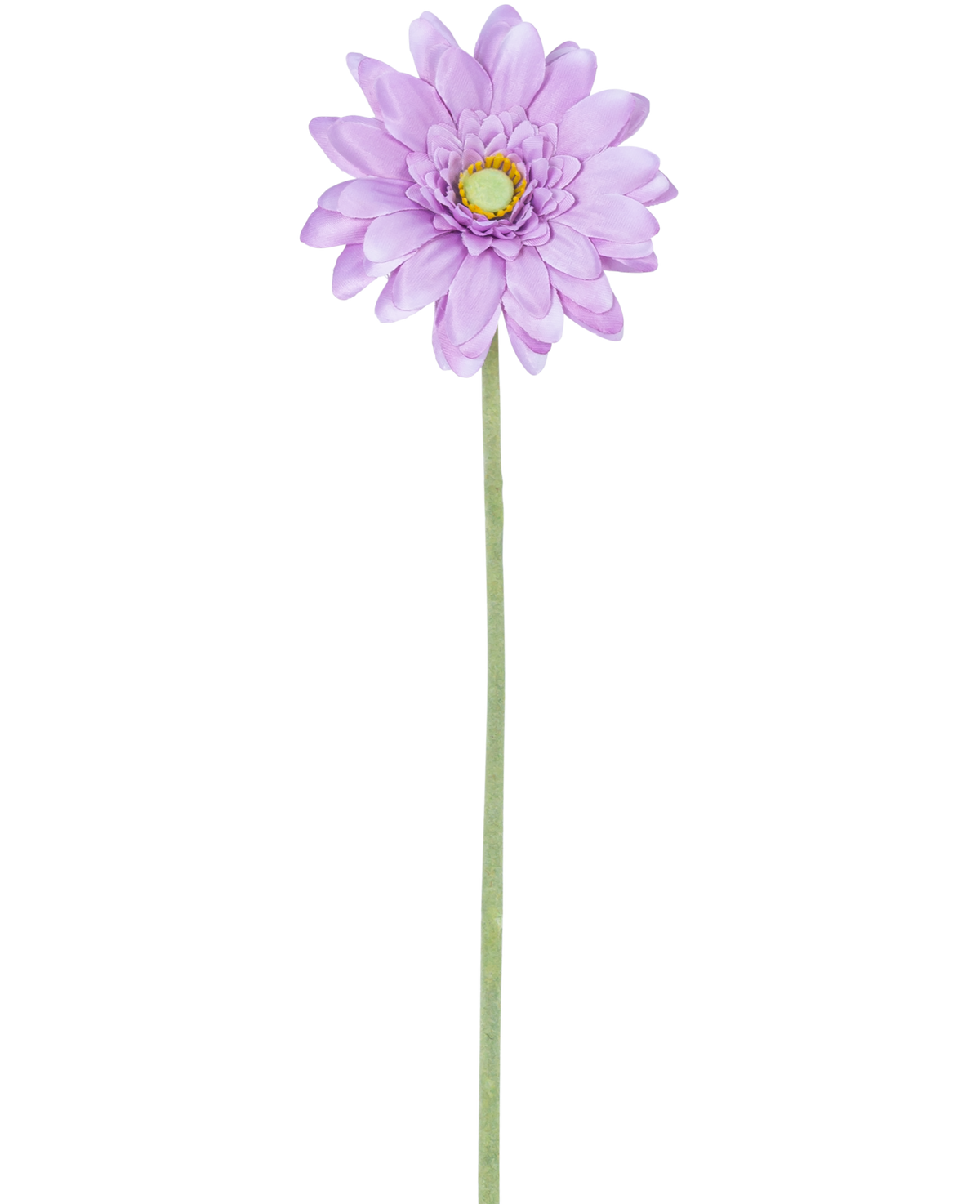 Artificial Flower mini Gerbera 47 cm lilla har en enkelt lys lilla tusindfryd-lignende blomst med lagdelte kronblade og en gul midte på en lang, slank grøn stilk, perfekt til udstilling mod en hvid baggrund.