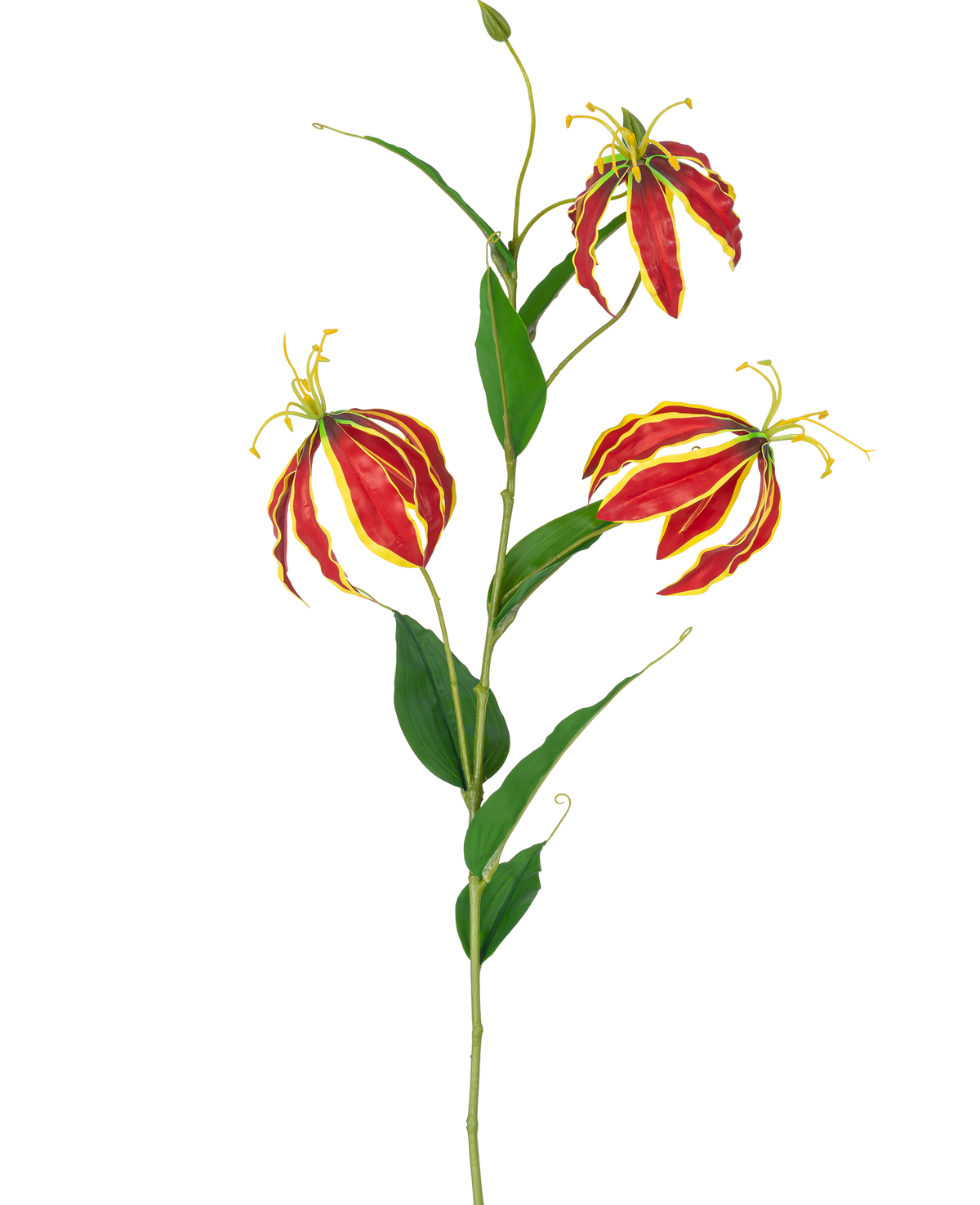 Den kunstige blomst Gloriosa Real Touch Red 75 cm har en enkelt stilk med tre levende røde og gule liljeblomster og lange grønne blade, mod en hvid baggrund.