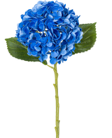 Den kunstige blomst Charlotte Hortensia Real Touch Blue 49 cm er en enkelt blå hortensia med grønne blade og en lang stilk, afbildet på en hvid baggrund.