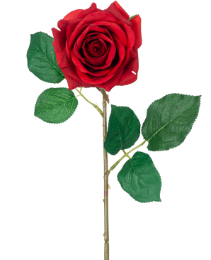 Den kunstige rose "Emine" Real Touch Red 43 cm har en enkelt rød rose med levende grønne blade på en lang stilk, mod en almindelig hvid baggrund.