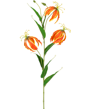 Den kunstige blomst Gloriosa Real Touch Orange 75 cm har en høj grøn stilk med tre store orange og gule liljer og lange, slanke grønne blade, smukt vist på en hvid baggrund.